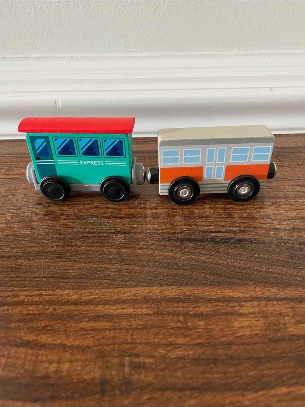 Kids Wooden Toy Train Car Set - Green and Orange